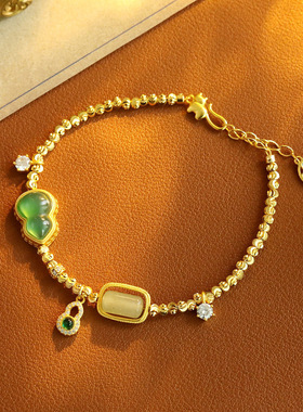 国风新中式招财葫芦手链祖母绿玉髓玛瑙手串古钱币碎金手饰送礼