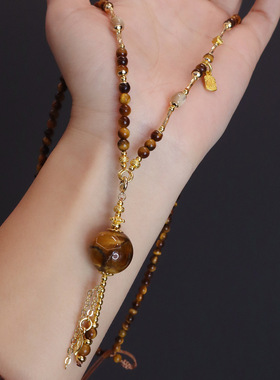 天然虎眼石复古串珠毛衣链女