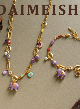 原创时尚精致滴油花朵小象项链