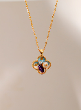 油画风珐琅四叶草项链女 气质精致简约独特设计锁骨链时尚毛衣链