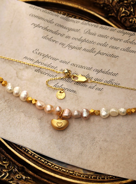 复古项链镀真金元宝吊坠淡水巴洛克珍珠颈链感轻奢时尚毛衣链