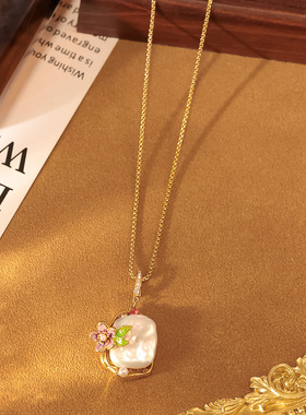 中古vintage油画风项链莫奈花园高级感巴洛克天然淡水珍珠毛衣链