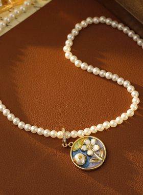 中古油画万能扣吊坠项链复古珍珠毛衣链新中式花朵滴釉轻奢锁骨链