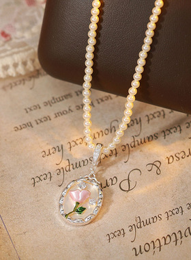 莫奈花园油画风珐琅彩绘珍珠项链