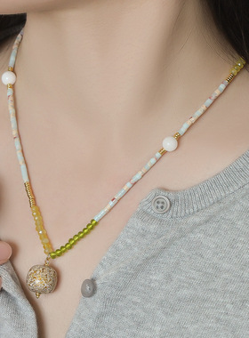 新中式大漆寿山石串珠锁骨链