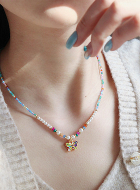 春夏新款多巴胺彩色滴油蝴蝶结锆石珠项链轻奢小众百搭串珠锁骨链