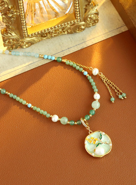 原创复古珐琅油画风珍珠项链感国潮新中式百搭玉髓毛衣链颈链
