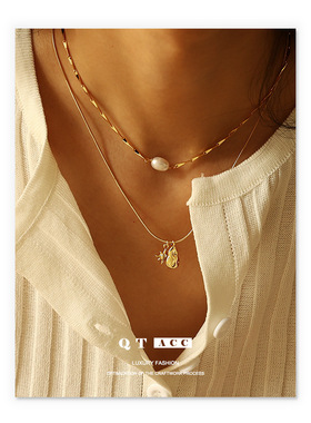 欧美跨境时尚百搭精致复古经典镀18K金天然真珍珠项链简约25新款