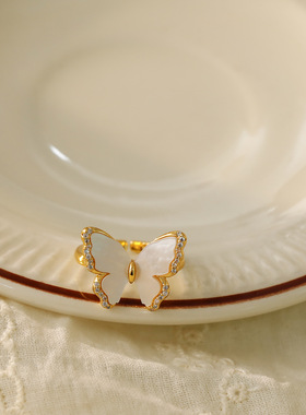 轻奢小众蝴蝶贝壳锆石开口戒指