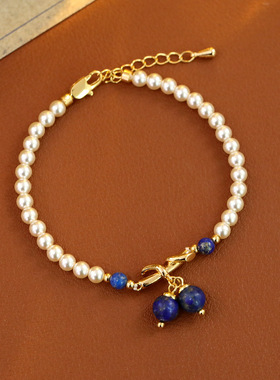 原创设计优化青金石手链时尚轻奢天施家奶油白珍珠手串送闺蜜