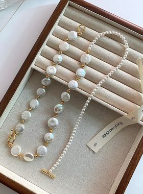 法式天然淡水珍珠项链巴洛克异形不规则时尚复古设计感手链毛衣链