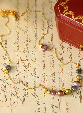 法式轻奢小碎金七彩巴洛克珍珠项链女级气质复古颈链毛衣链饰品