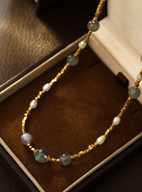 原创设计复古清冷灰色月光石珍珠项链小碎金古风轻奢锁骨链颈链