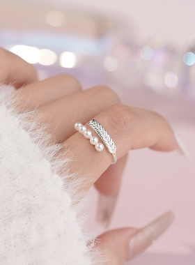 S925纯银精美麦穗珍珠戒指女甜美轻奢高级感小众设计感指环代发