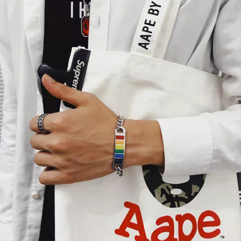 古巴链潮人个性创意钛钢不锈钢六色彩虹手链LGBT同志情侣中性饰品 - 图0