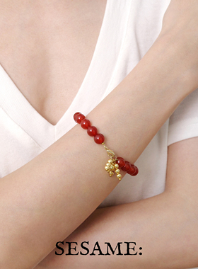 「新年礼物」烟花天然红玛瑙手链女黑曜石手串女款生日礼物送闺蜜