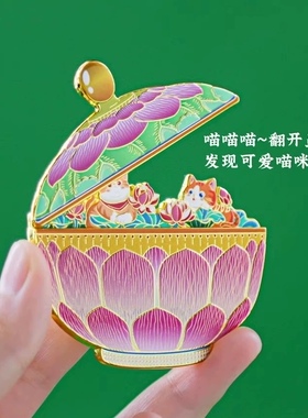 粉彩莲瓣纹盖碗金属冰箱贴故宫中国风博物馆文创旅游纪念品礼盒装