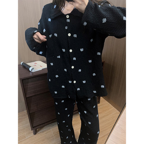 韩系波点凯蒂猫睡衣女婴儿棉纱开衫长袖长裤春秋慵懒感家居服套装 - 图3