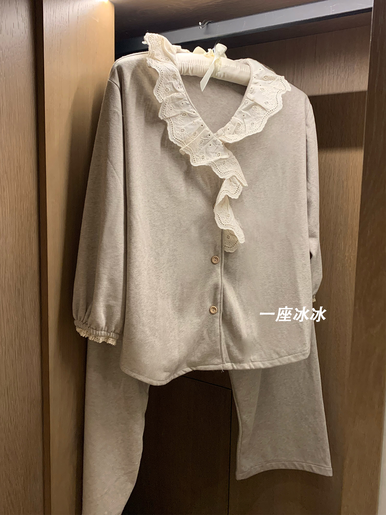 韩系花边睡衣女春秋季加厚保暖毛巾绒长袖长裤纯色家居服慵懒套装-图3