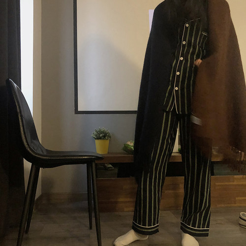 日系经典条纹纯棉睡衣男女生春秋韩国开衫长袖长裤家居服情侣套装 - 图1