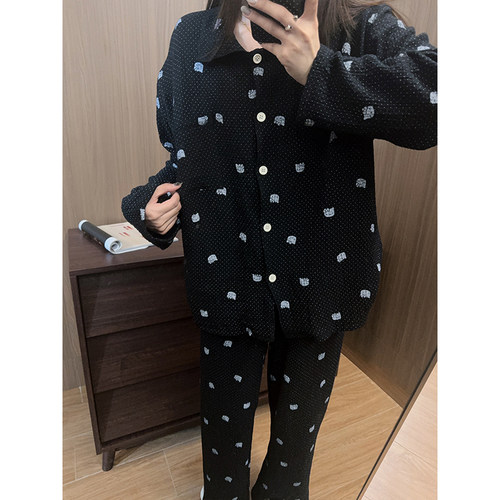韩系波点凯蒂猫睡衣女婴儿棉纱开衫长袖长裤春秋慵懒感家居服套装 - 图0