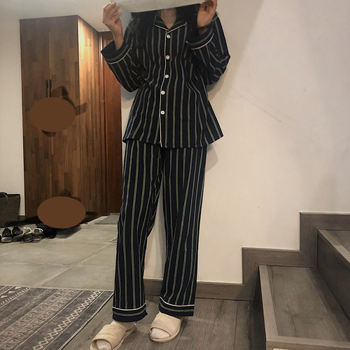 日系经典条纹纯棉睡衣男女生春秋韩国开衫长袖长裤家居服情侣套装 - 图2