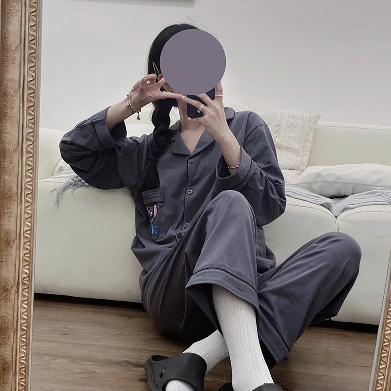 韩国史迪奇卡通睡衣纯棉长袖长裤情侣睡衣女纯色日系学生秋季套装,淘宝优惠券,粉丝福利购,淘宝优惠卷