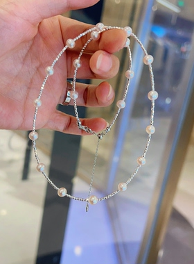 天然无核珍珠项链淡粉色满天星设计芝麻珠S925银锁骨链女款银色
