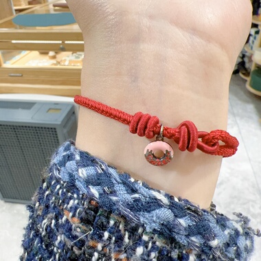 925银可爱甜甜圈珐琅酒红绳手链