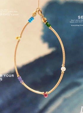 天然粉碧玺水滴14k包金手链