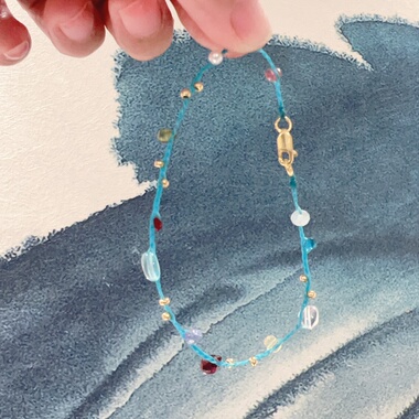 蓝色极细蜡线手链14k包金