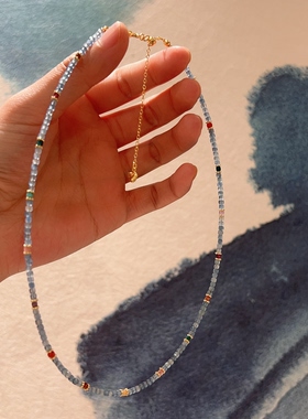 天然海蓝宝方糖多宝锁骨链女款