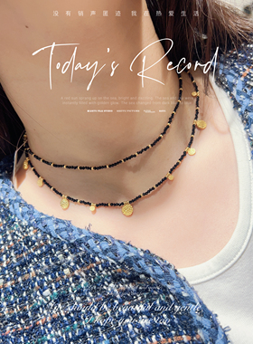 法式长款毛衣链黑色天然石项链