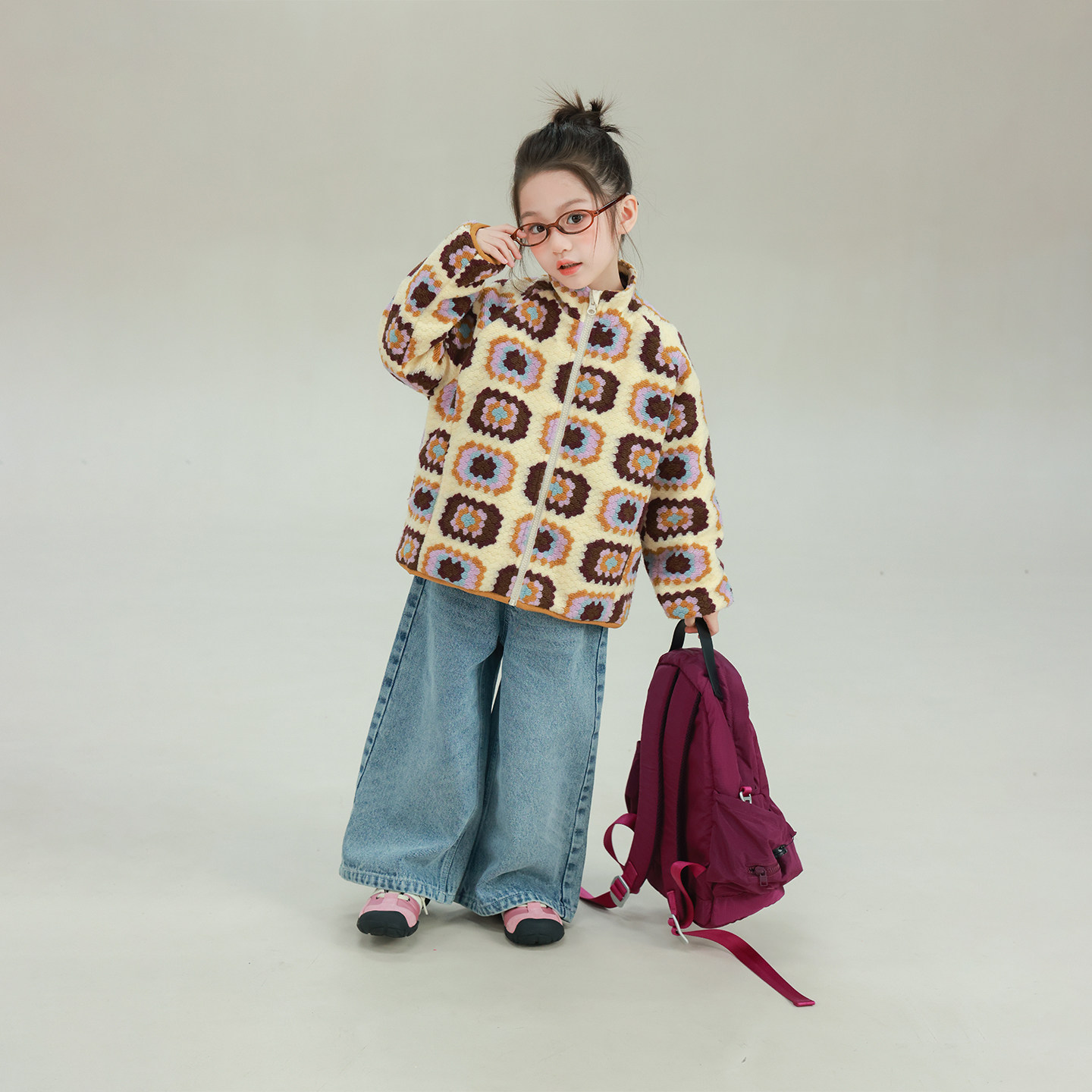 大耳象女童针织彩花夹棉外套冬季新款宝儿休闲百搭保暖加厚上衣,淘宝优惠券,粉丝福利购,淘宝优惠卷