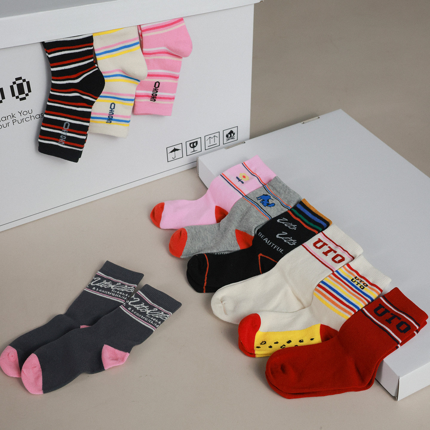 Big Ear Elephant Girls Contrast Color Striped Socks 2026 Four Seasons New Baoer Versatile Moisture-Absorbing Breathable Socks Mid-Tube Socks