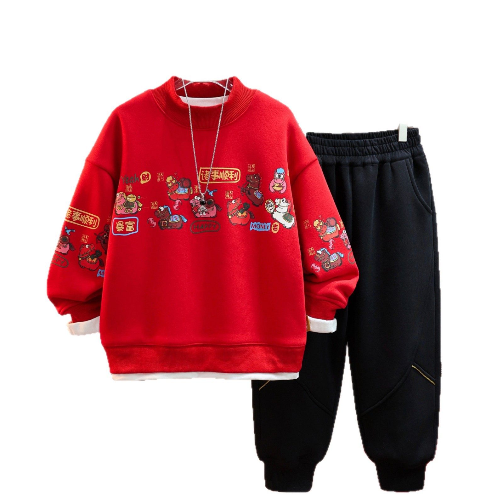 男童卫衣套装加绒加厚冬款2025新款儿童中大童上衣红色喜庆过年服,淘宝优惠券,粉丝福利购,淘宝优惠卷