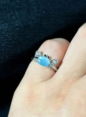 戒指 可爱个性创意小螃蟹蓝色猫眼石开口戒指小众时尚指环