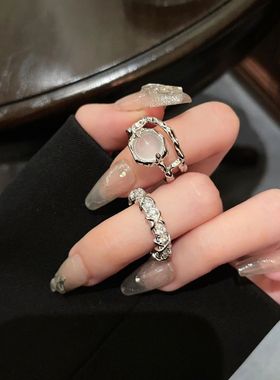 两件套月光石戒指女镶钻开口戒小众设计素圈食指戒法式自律指环