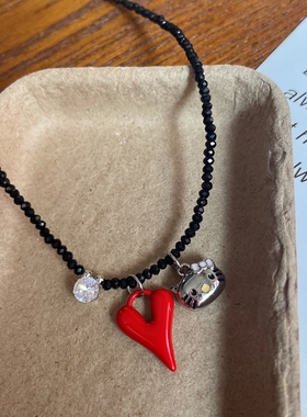 kity猫可爱爱心黑尖晶石串珠项链