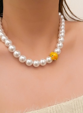 2022韩国东大门时尚新款串珠小黄鸭珍珠项链高亮叠搭锁骨链颈链潮