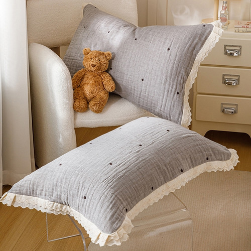 全棉四层纱布双层花边枕巾高档全棉家用透气学生纯棉吸汗枕头巾 - 图1