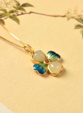 天然和田玉四叶花吊坠项链S925银镀金景泰蓝工艺天然玉时尚气质女