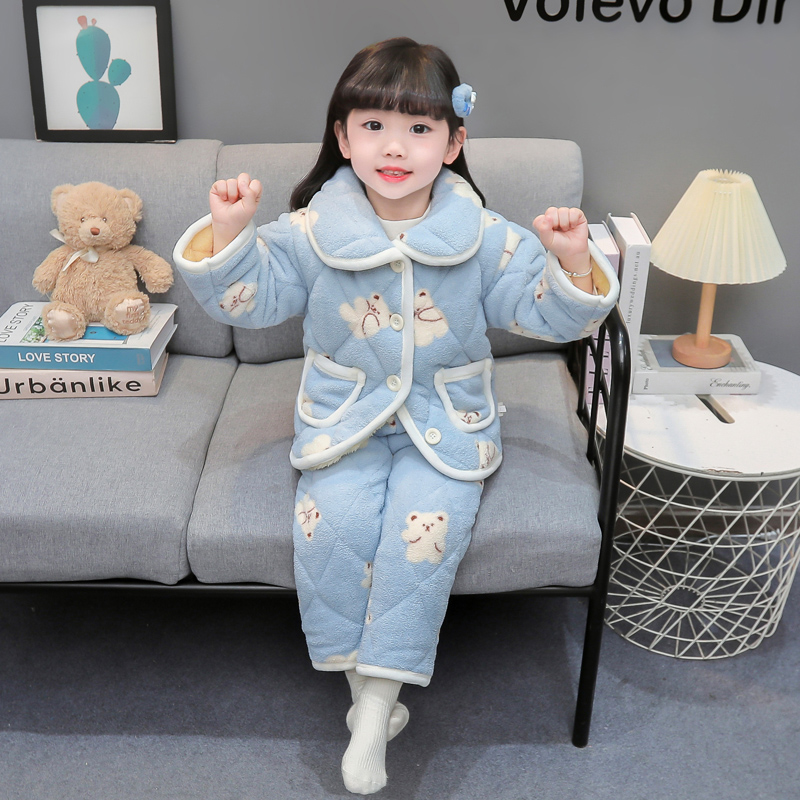 女小童冬季小熊三层加厚棉衣套装2025新款加厚卡通宝宝保暖家居服 - 图0