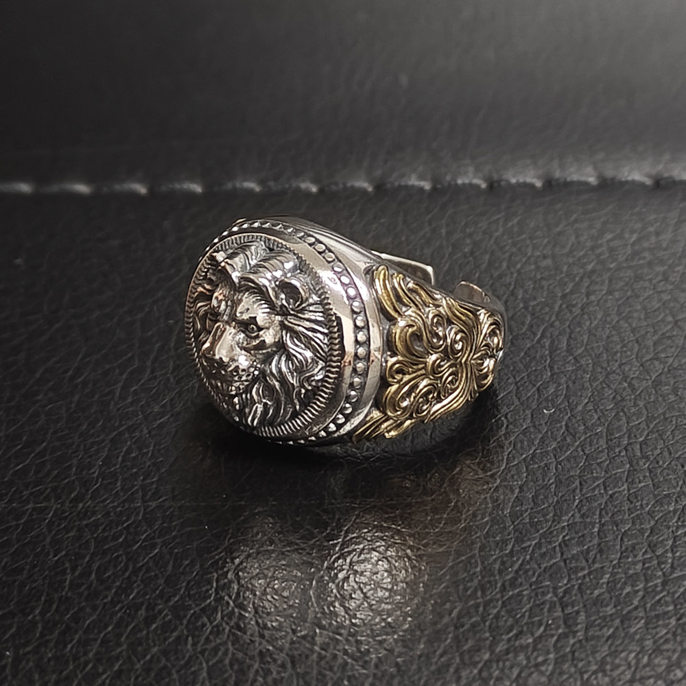 Trendy sterling silver inlaid copper arabesque lion head ring
