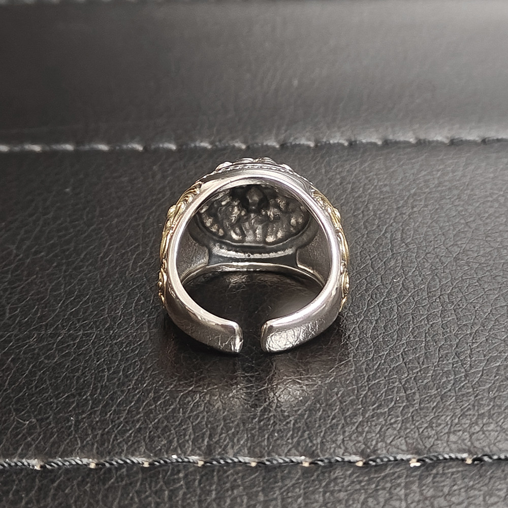 Trendy sterling silver inlaid copper arabesque lion head ring