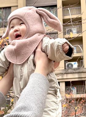 宝宝兔耳朵帽子小月龄秋冬男女一岁洋气时髦防风护耳一体帽可爱帽