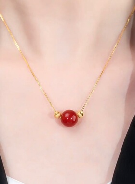 红玛瑙项链圆珠吊坠925纯银锁骨链气质夏2025新款时尚百搭颈链