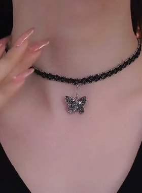 ins风黑色山茶花蝴蝶颈链choker短款锁骨链女项链黑色蕾丝项圈
