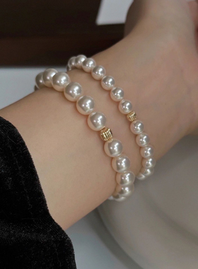 S925纯银施家正圆珍珠手链时尚轻奢气质法式高级感仿珍珠弹力手串