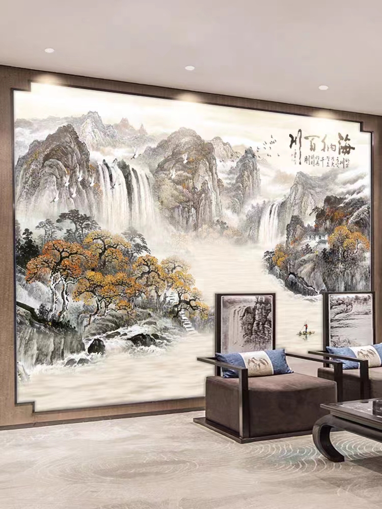8d电视背景墙中式海纳百川壁画客厅沙发山水画壁纸装饰3d影视墙布